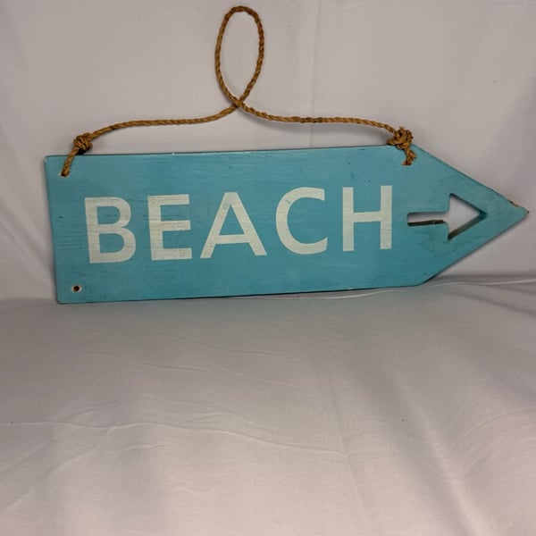 Wooden Beach Arrow Wall Sign Blue Hanging Decor 15 Inch