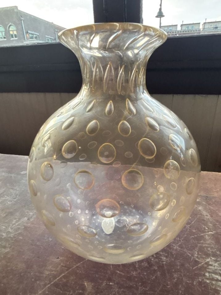 Vintage Murano Art Glass Vase Amber Bullicante Bubble 24K Gold Italy 1