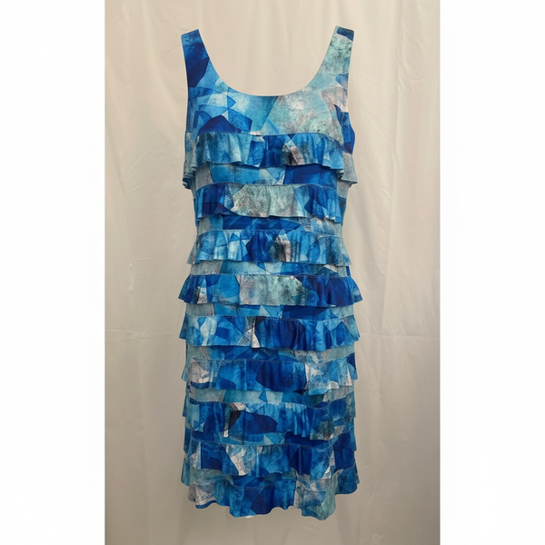 Talk of the Walk Blue Geometric Print Ruffled Sleeveless Dress