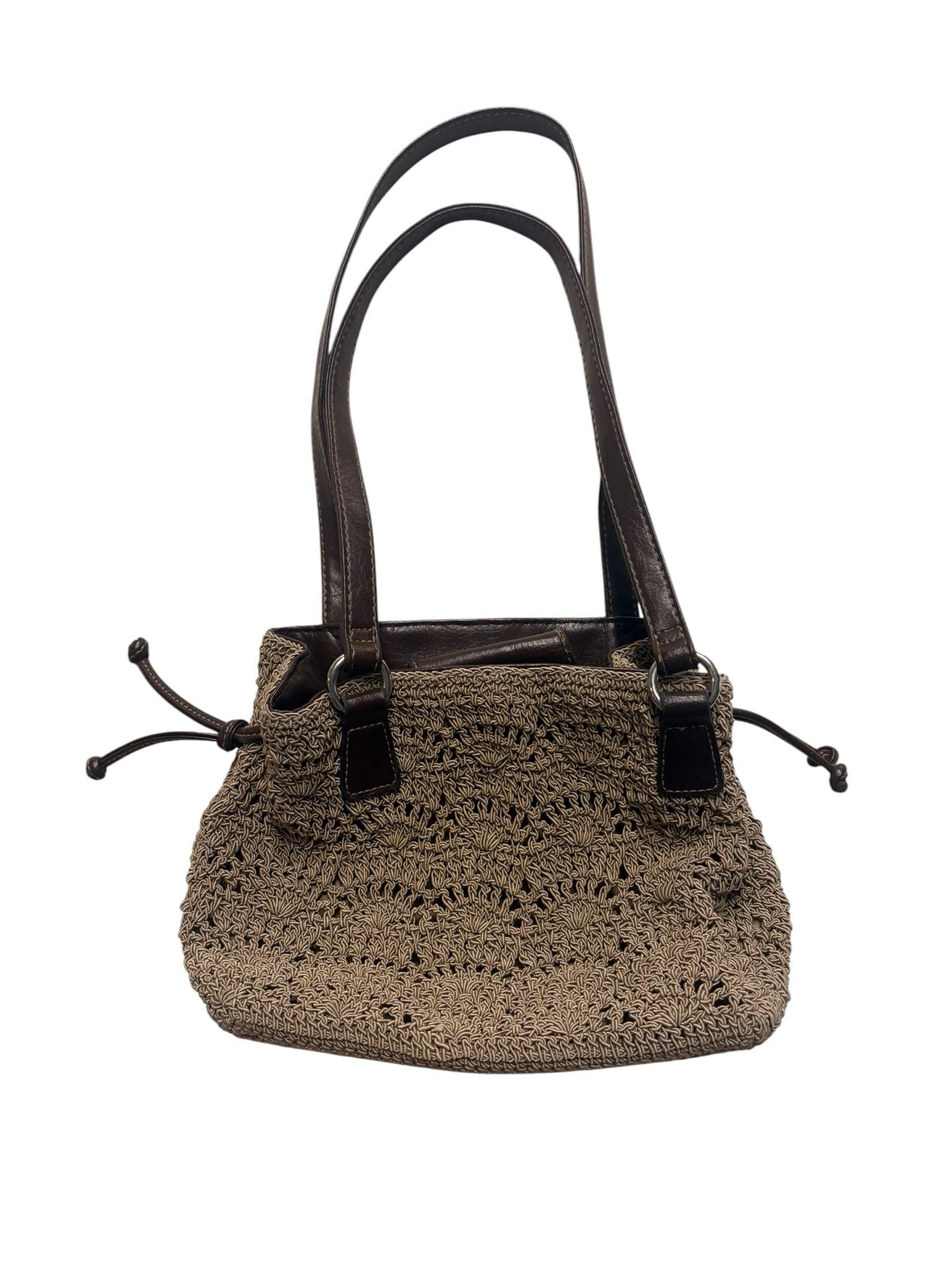 Rosetti Shoulder Bag Tan Crochet Brown Vinyl Trim Drawstring Tote 2