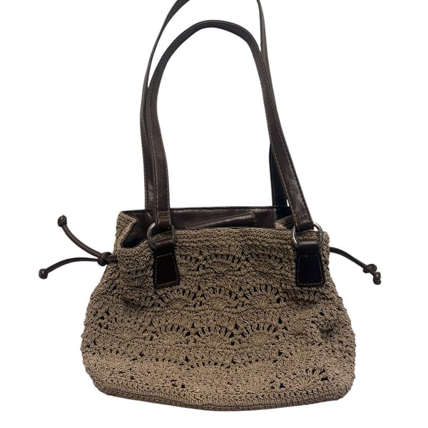 Rosetti Shoulder Bag Tan Crochet Brown Vinyl Trim Drawstring Tote