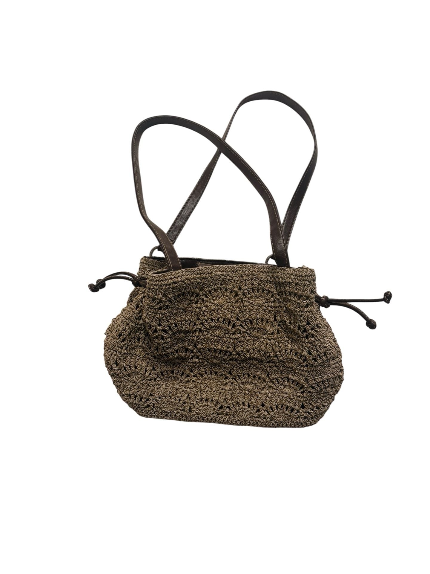 Rosetti Shoulder Bag Tan Crochet Brown Vinyl Trim Drawstring Tote 3