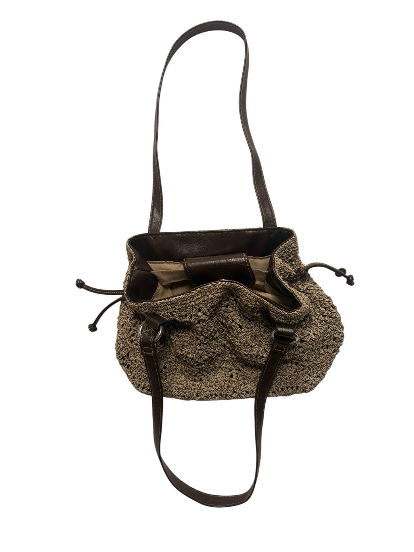 Rosetti Shoulder Bag Tan Crochet Brown Vinyl Trim Drawstring Tote 4