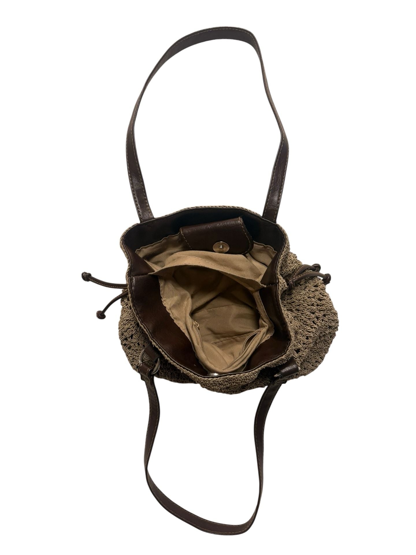 Rosetti Shoulder Bag Tan Crochet Brown Vinyl Trim Drawstring Tote 5