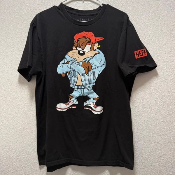 Neff Looney Tunes Taz T-Shirt Size L Black Tasmanian Devil Graphic Tee