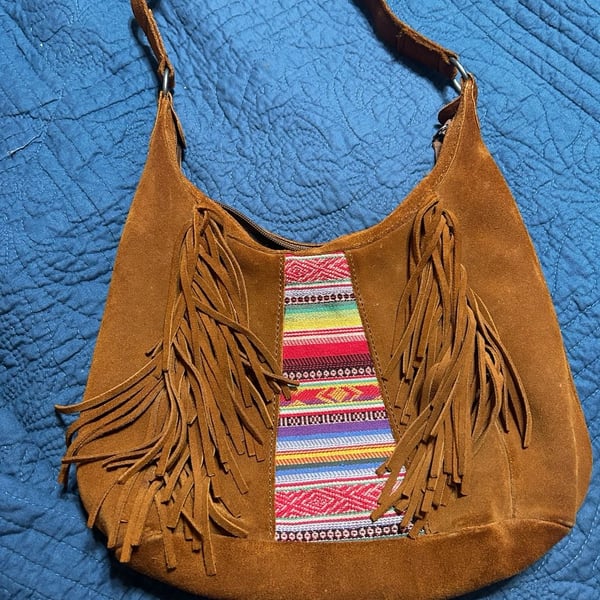 Minnetonka Suede Fringe Shoulder Bag Brown Multi Woven Boho Hippie
