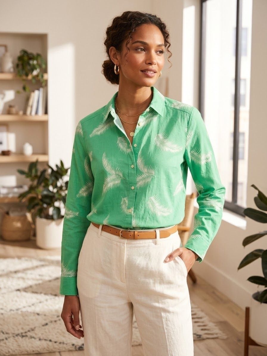 LOFT Palm Frond Button Down Shirt Size S Green White Long Sleeve 2