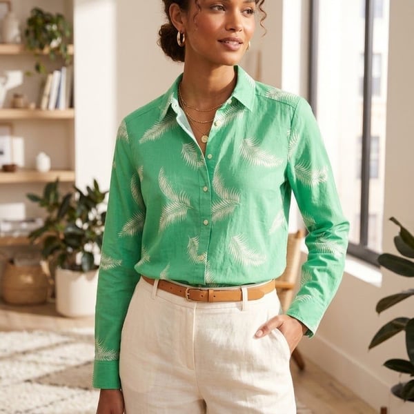 LOFT Palm Frond Button Down Shirt Size S Green White Long Sleeve