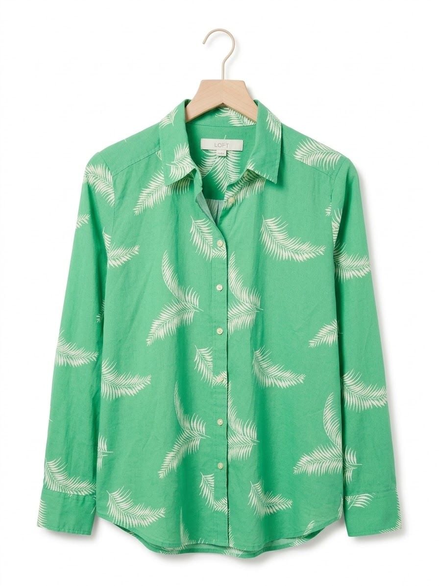 LOFT Palm Frond Button Down Shirt Size S Green White Long Sleeve 5