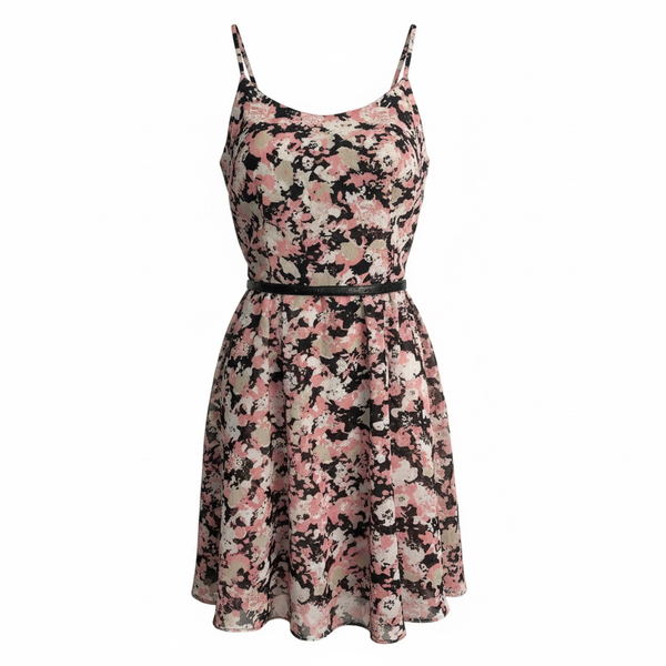 Liz Claiborne Pink Black Floral Print Sleeveless Dress with Belt Size 16