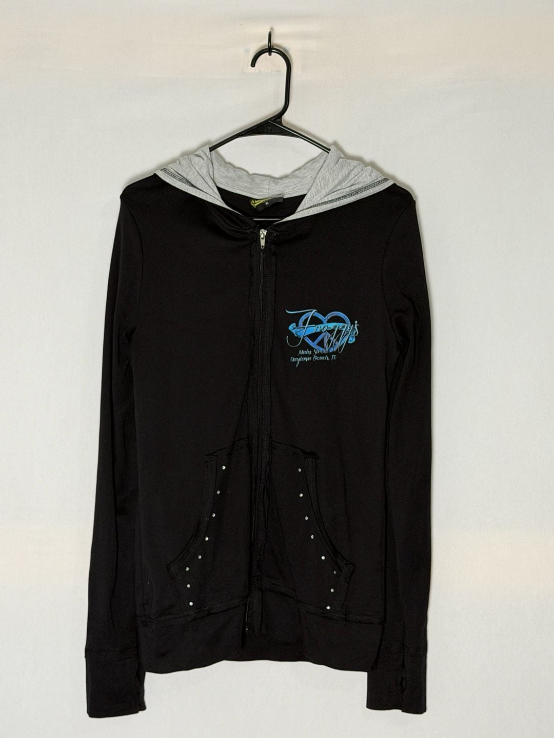Froggy's Daytona Beach Zip Hoodie Size XL Black Rhinestone Wings 2