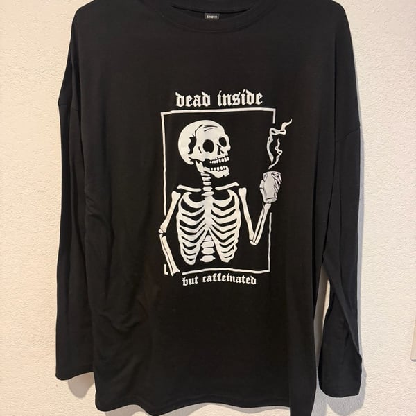 SHEIN Dead Inside But Caffeinated Skeleton Graphic Long Sleeve Tee Black