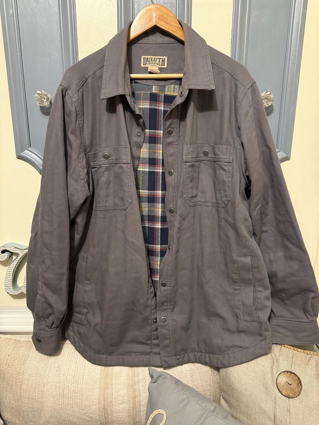 Duluth Trading Co. Flannel Lined Shirt Jacket Size L Gray Canvas 2