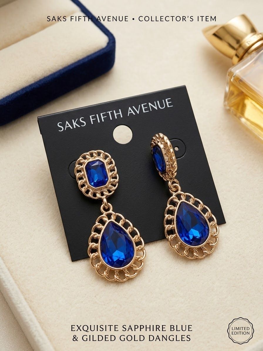 Saks Fifth Avenue Sapphire Blue Gold Dangle Earrings 2