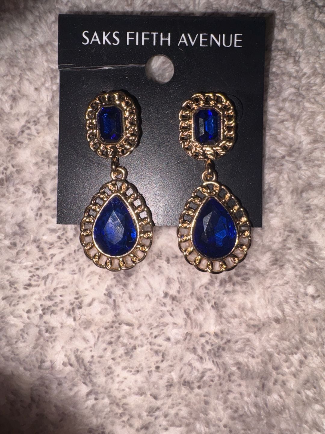 Saks Fifth Avenue Sapphire Blue Gold Dangle Earrings 4