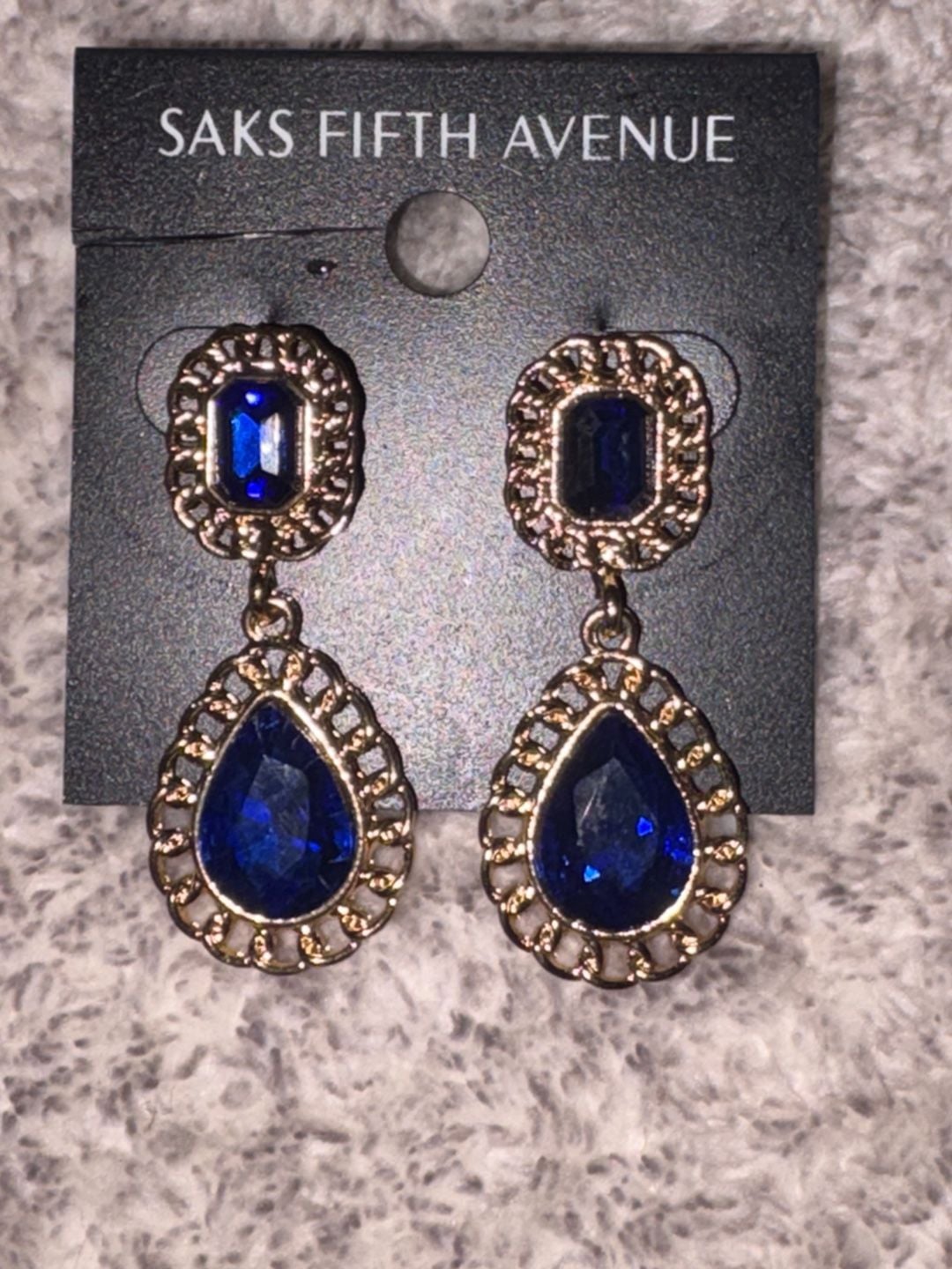 Saks Fifth Avenue Sapphire Blue Gold Dangle Earrings 5