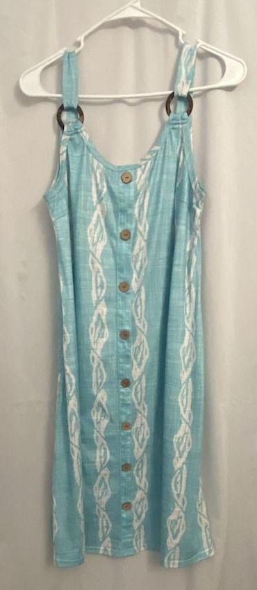 Blue and White Coastal Print Sleeveless Button-Front Midi Dress with Wooden Rings 3