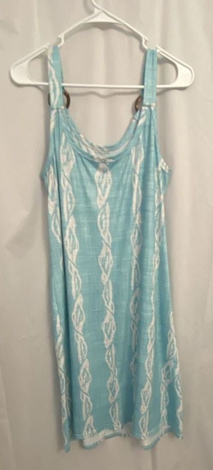 Blue and White Coastal Print Sleeveless Button-Front Midi Dress with Wooden Rings 4
