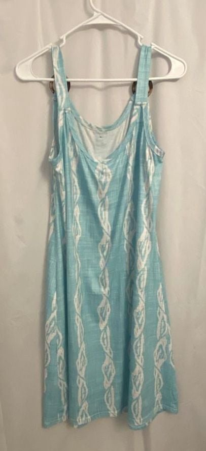 Blue and White Coastal Print Sleeveless Button-Front Midi Dress with Wooden Rings 5
