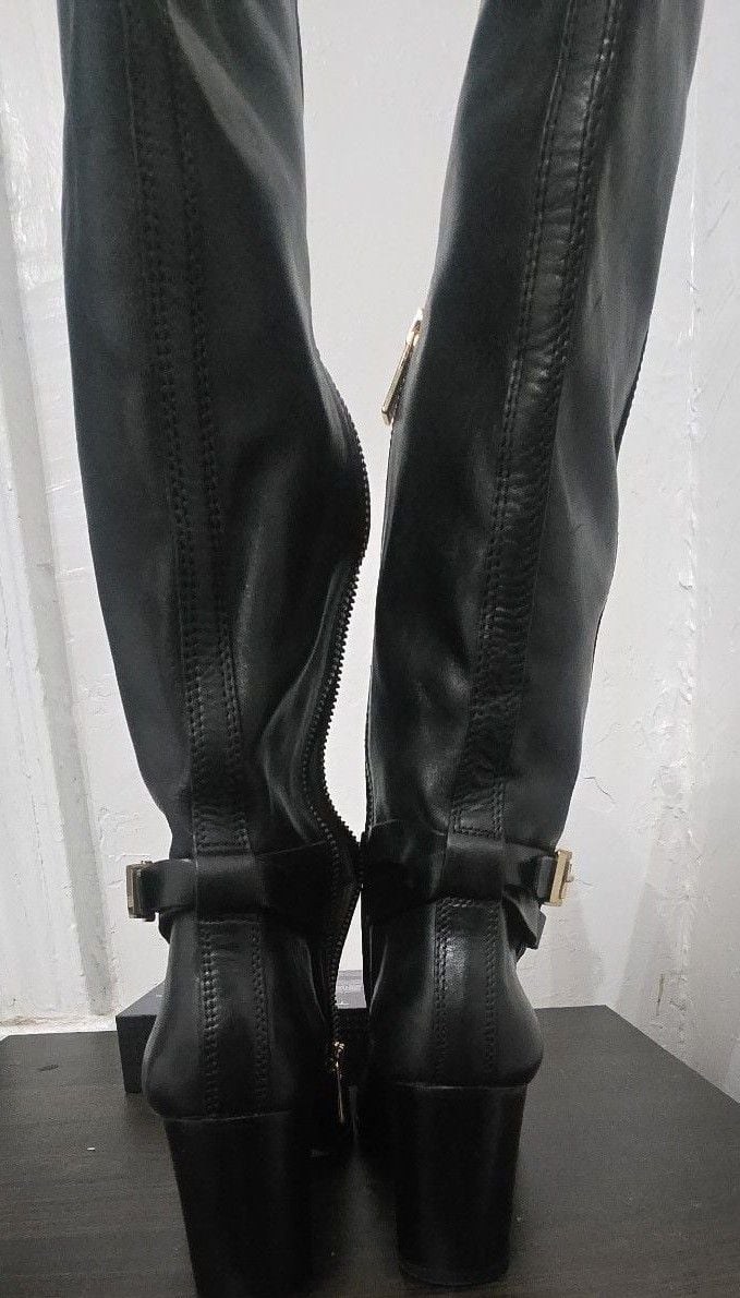 Michael Kors Arley Knee High Boots Size 8M Black Leather Gold Logo Plate 7