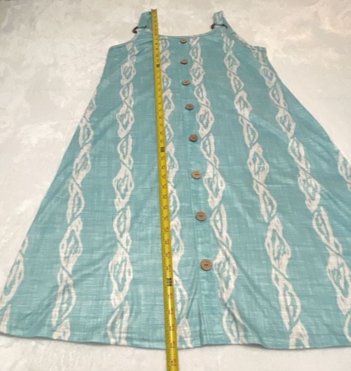 Blue and White Coastal Print Sleeveless Button-Front Midi Dress with Wooden Rings 8
