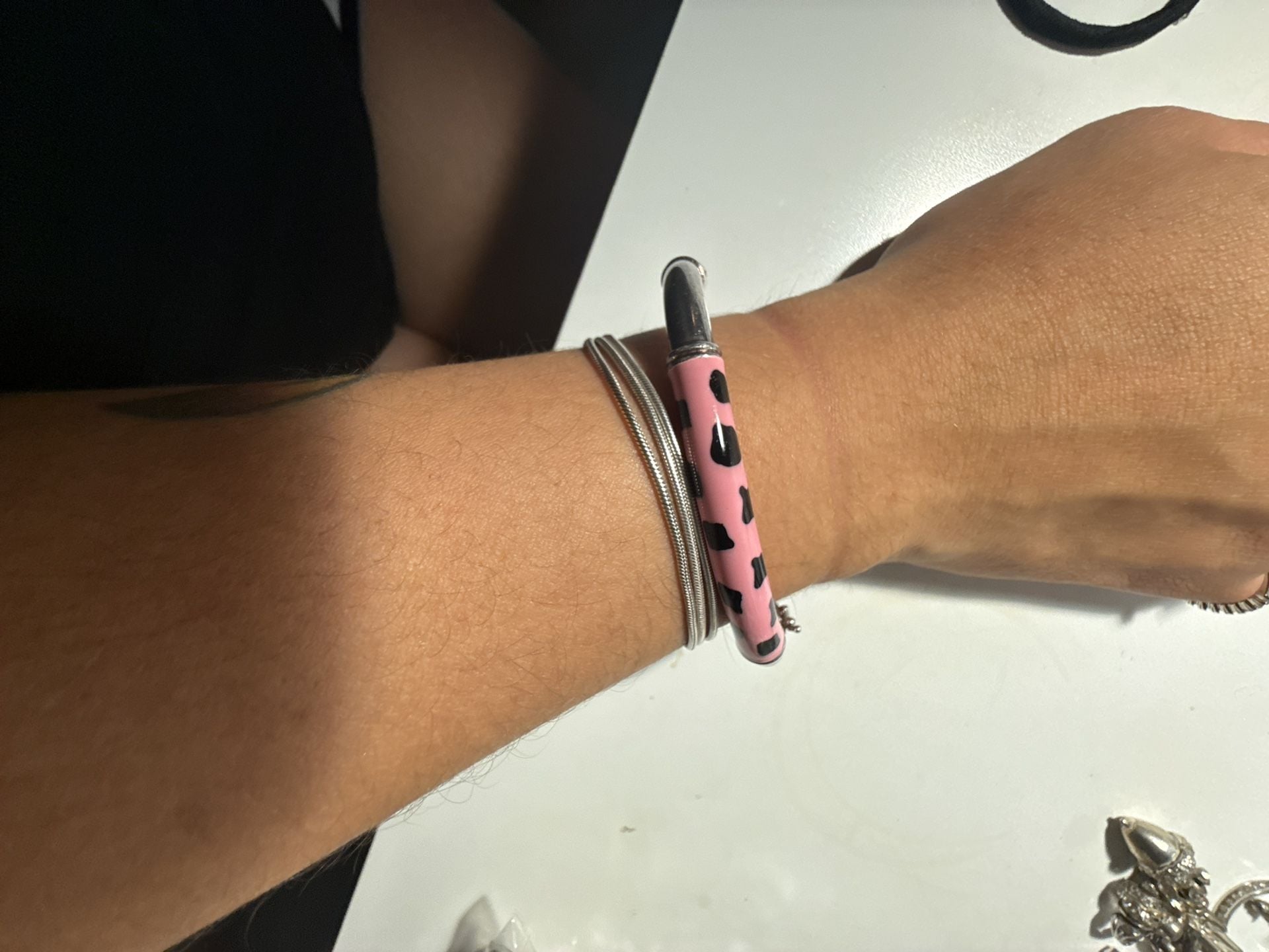 Milor Sterling Silver Pink Black Enamel Animal Print Bangle Bracelet 6