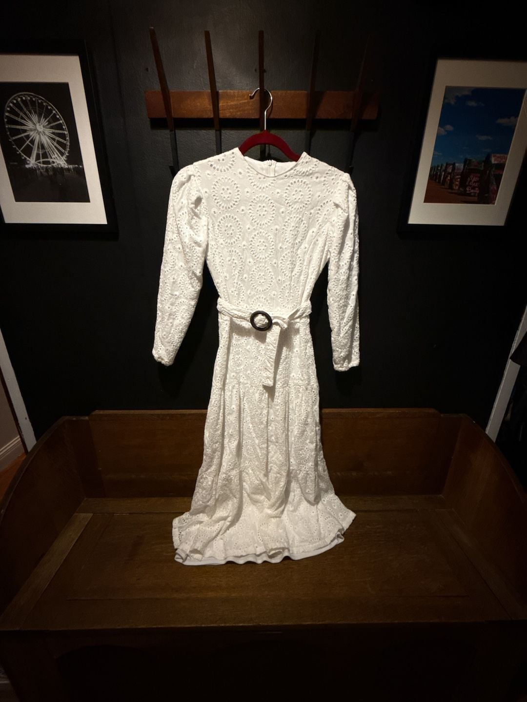 Blanc et Noir Eyelet Maxi Dress Size XS White Long Sleeve Belted 2