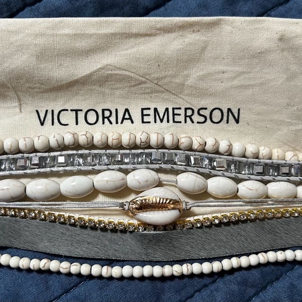 Victoria Emerson Boho Cuff Bracelet White Beads Shells Crystal Leather