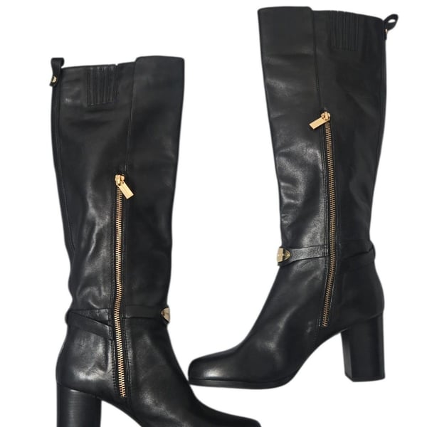 Michael Kors Arley Knee High Boots Size 8M Black Leather Gold Logo Plate