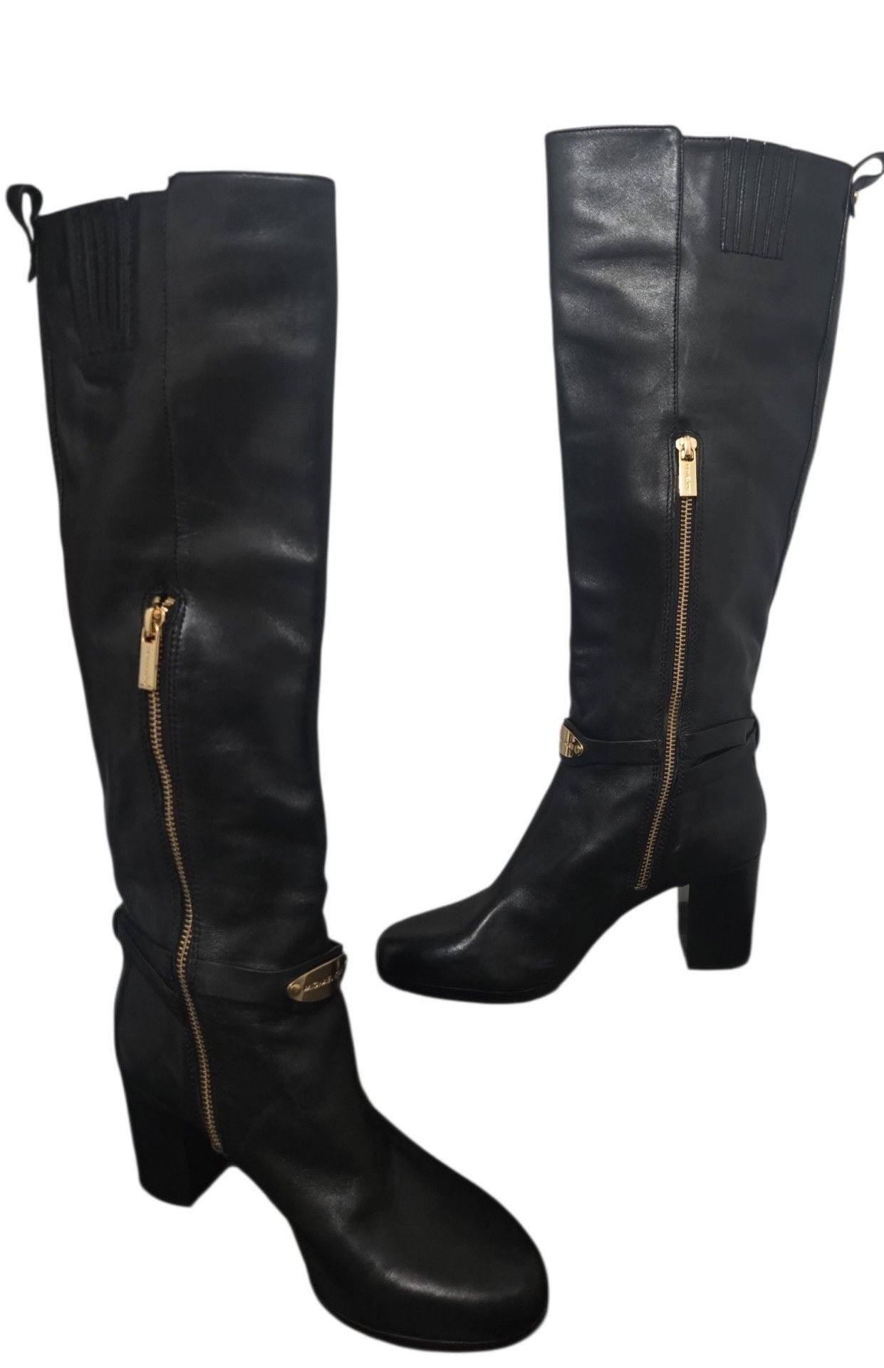 Michael Kors Arley Knee High Boots Size 8M Black Leather Gold Logo Plate 8