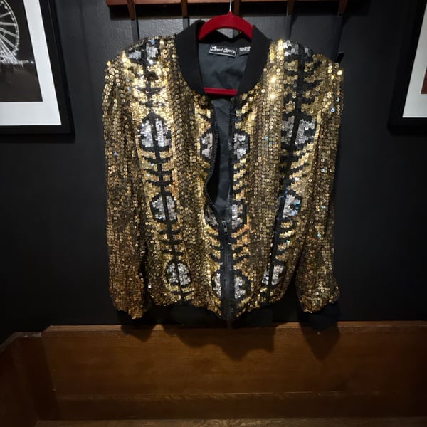Jewel Queen Sequin Bomber Jacket Size M Gold Silver Silk