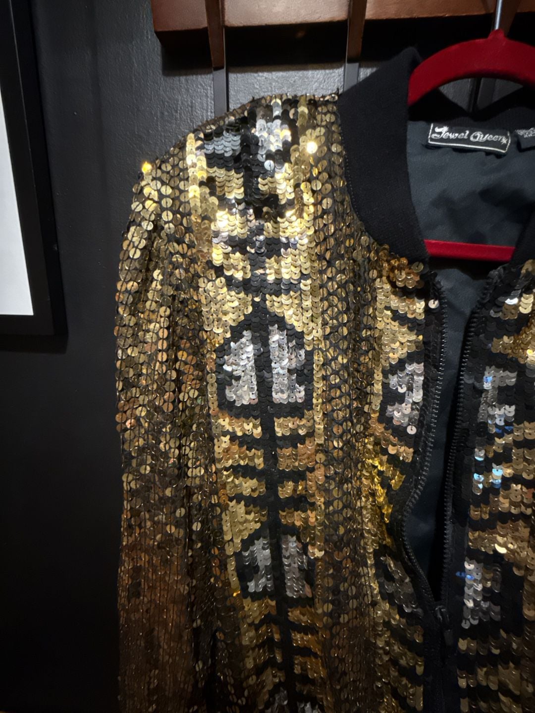 Jewel Queen Sequin Bomber Jacket Size M Gold Silver Silk 3