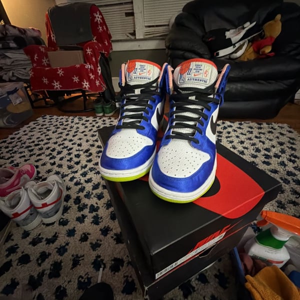 Nike Dunk High Blue Satin/White/Black/Atomic Green Size 6.5 Y or 8 W