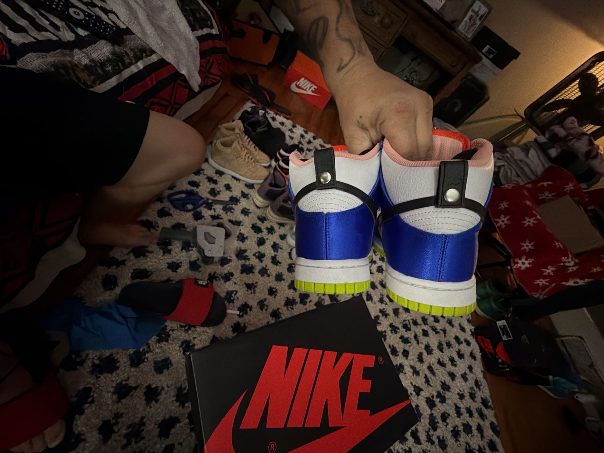 Nike Dunk High Blue Satin/White/Black/Atomic Green Size 6.5 Y or 8 W 7