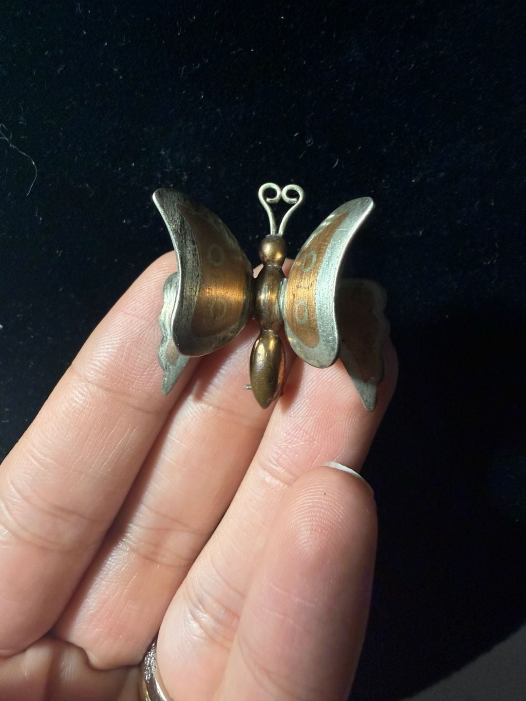 Vintage Mexico Metales Casados Butterfly Pin Brooch Copper Brass Silver 2