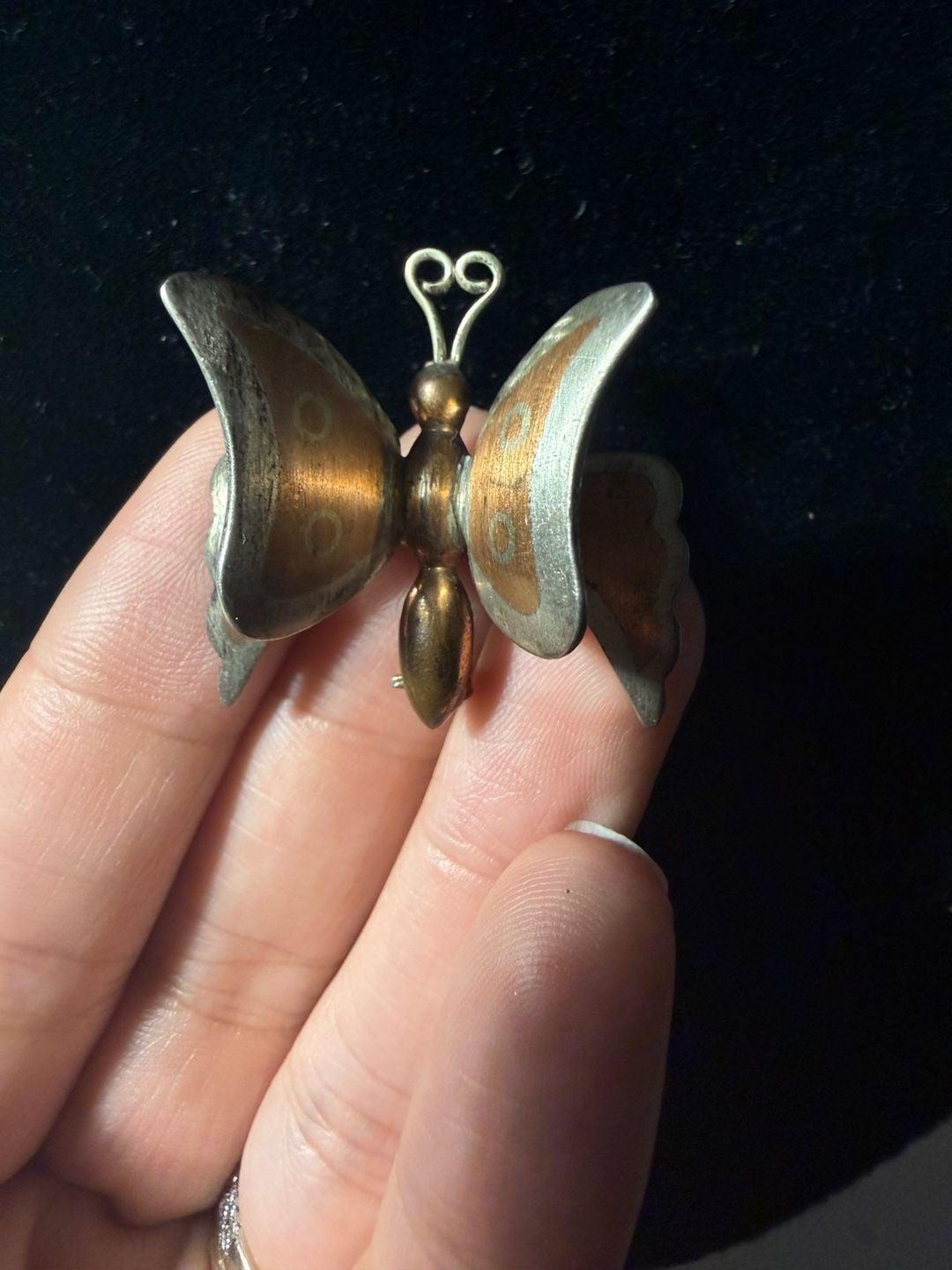Vintage Mexico Metales Casados Butterfly Pin Brooch Copper Brass Silver 3