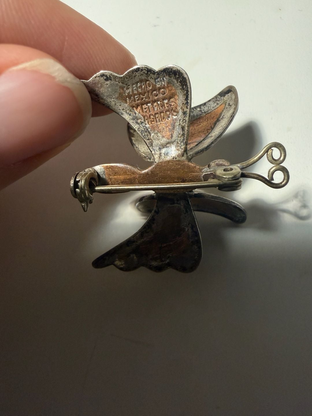 Vintage Mexico Metales Casados Butterfly Pin Brooch Copper Brass Silver 6