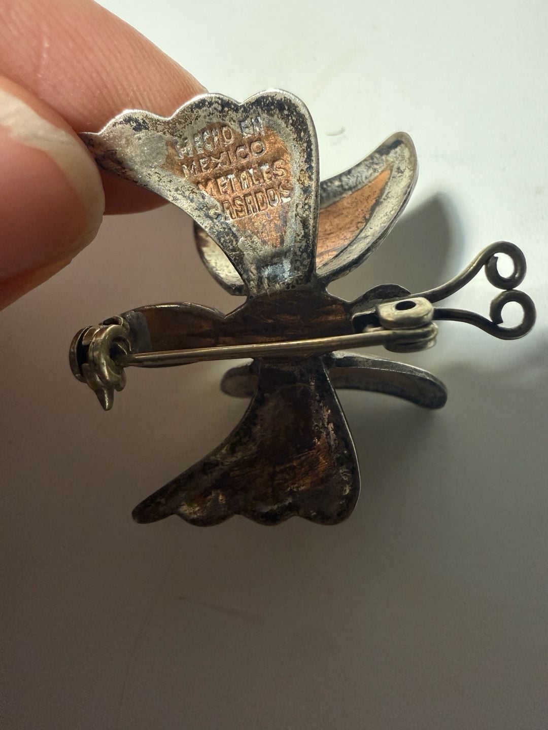 Vintage Mexico Metales Casados Butterfly Pin Brooch Copper Brass Silver 7