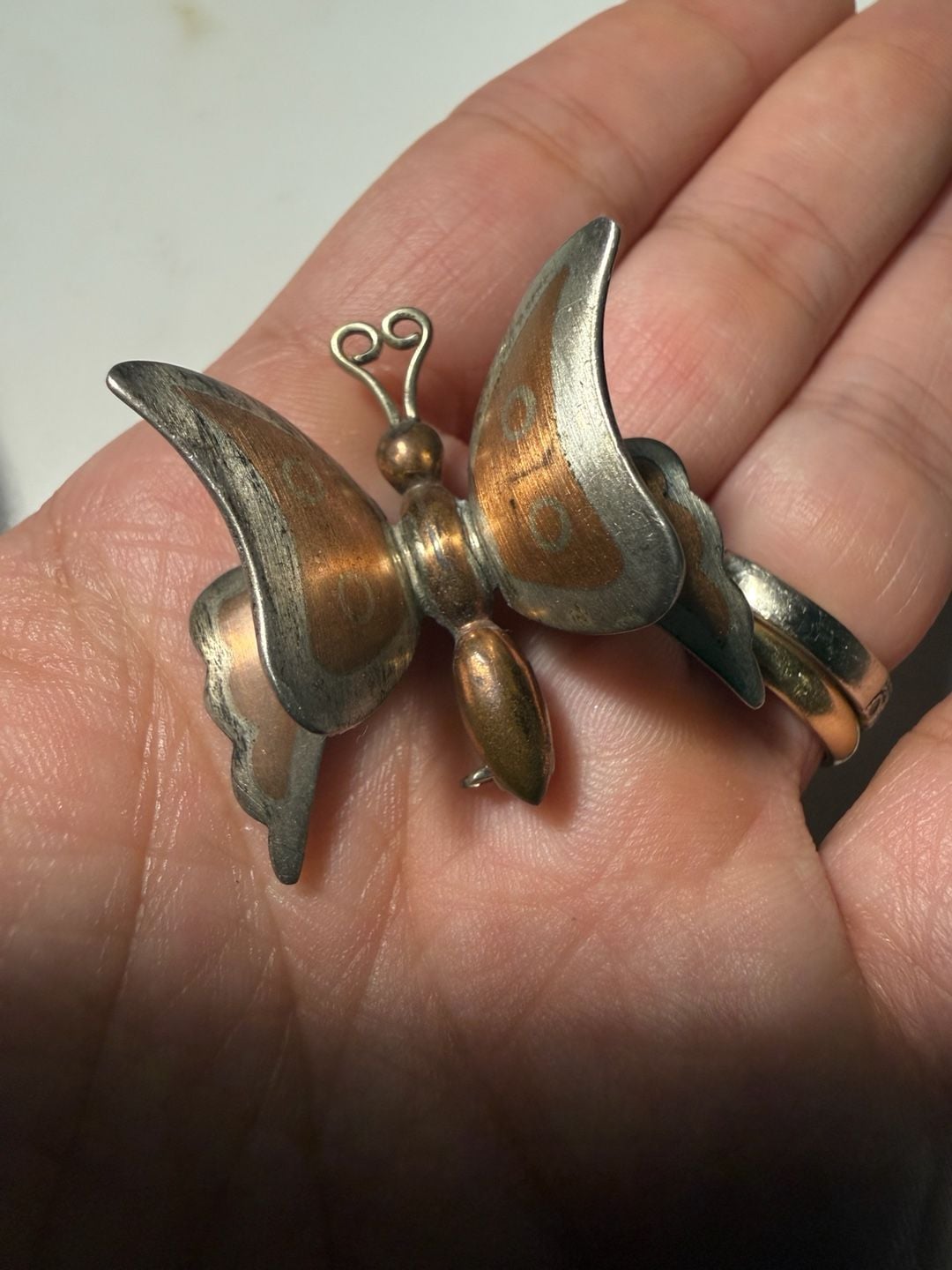 Vintage Mexico Metales Casados Butterfly Pin Brooch Copper Brass Silver 8