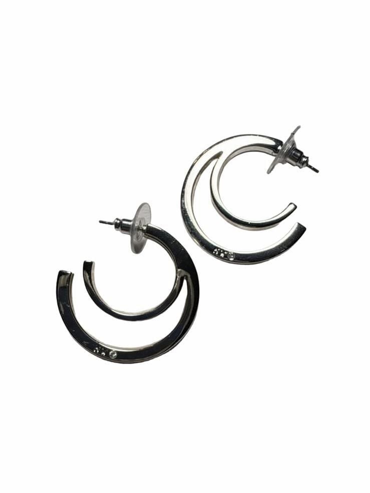 NINE WEST Double Hoop Earrings Silver Tone Crystal Accent 2