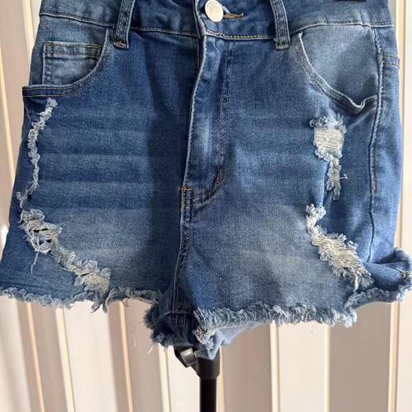 Shein Ripped Denim Shorts Size 28 Blue Distressed Raw Hem Jean