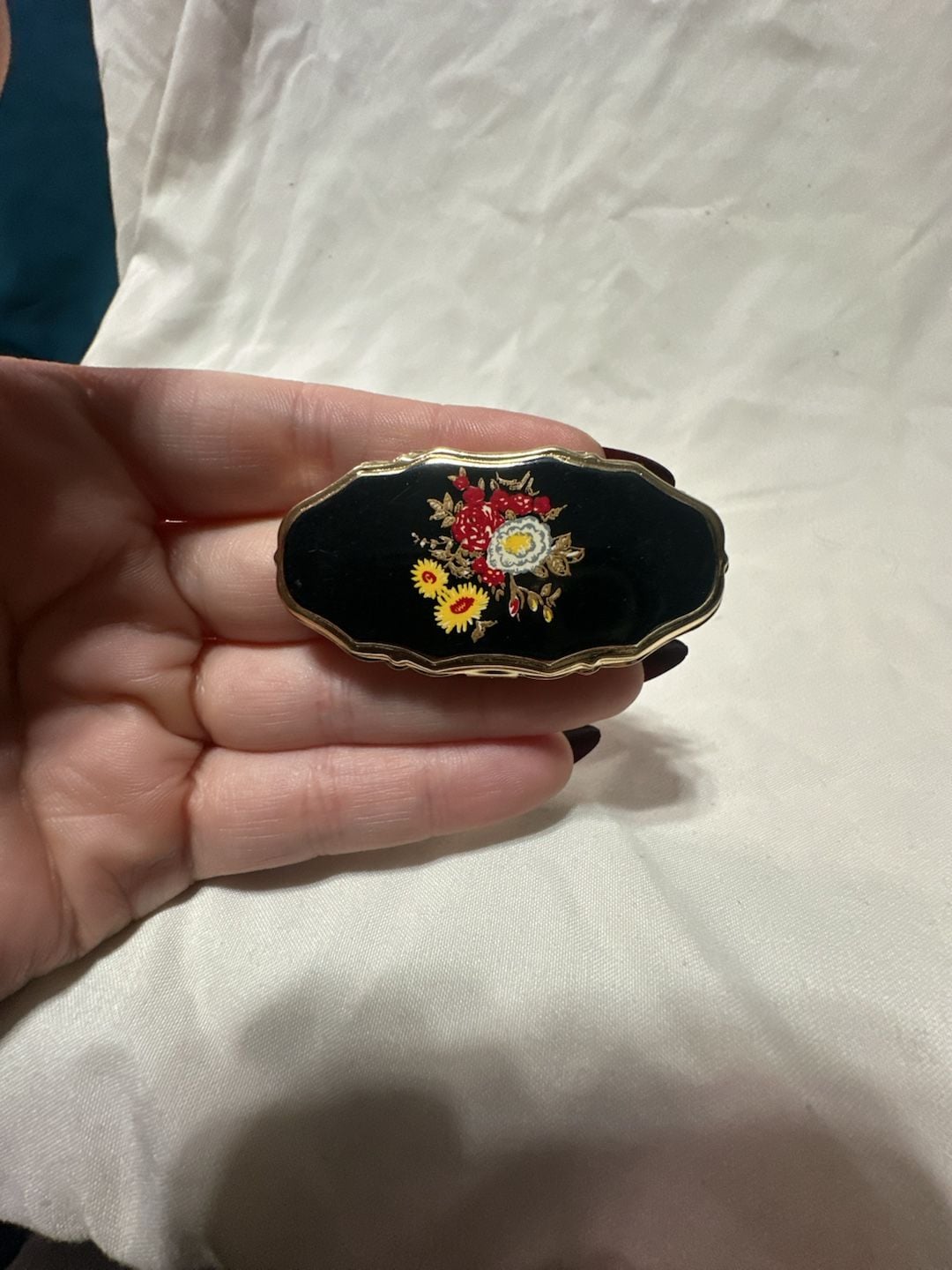 Vintage Japan Enamel Floral Black Gold Adjustable Statement Ring 2