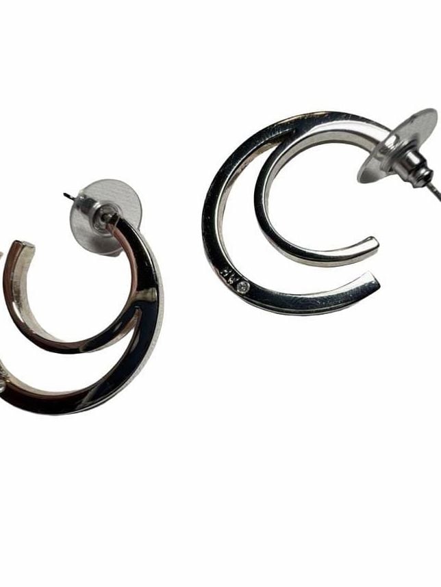 NINE WEST Double Hoop Earrings Silver Tone Crystal Accent 5