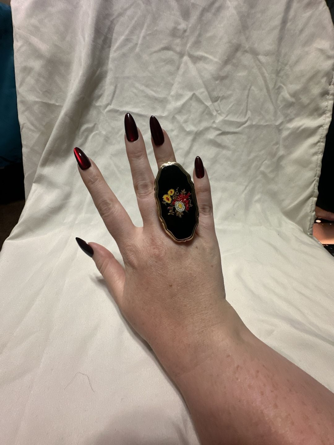 Vintage Japan Enamel Floral Black Gold Adjustable Statement Ring 6