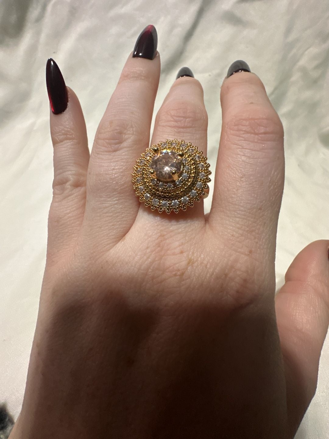 Gold Tone Cluster Cocktail Ring With Pink Center Stone 2