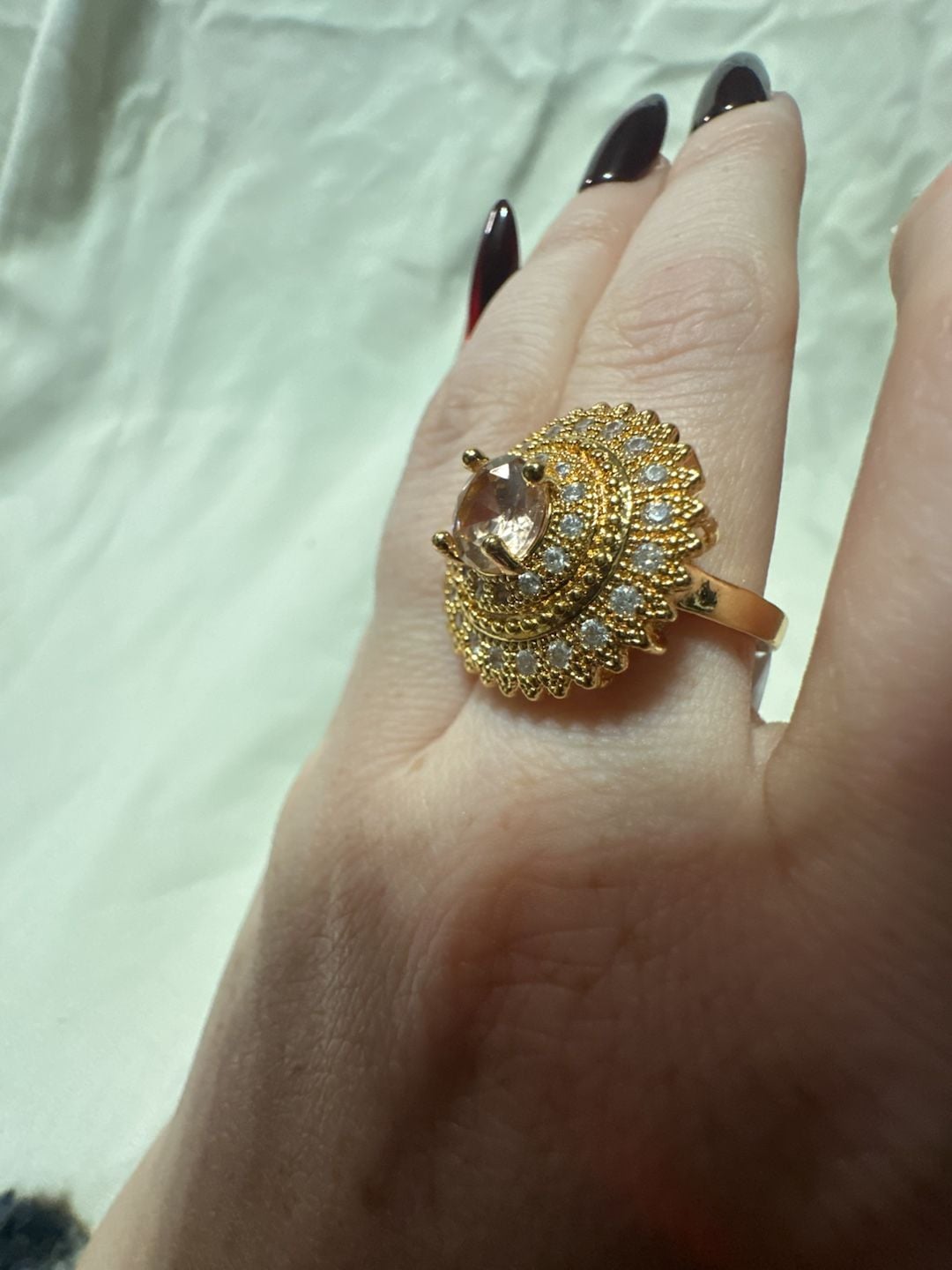 Gold Tone Cluster Cocktail Ring With Pink Center Stone 3