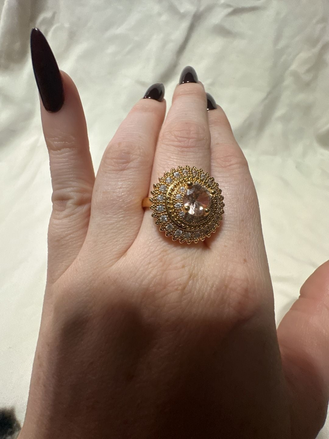 Gold Tone Cluster Cocktail Ring With Pink Center Stone 4