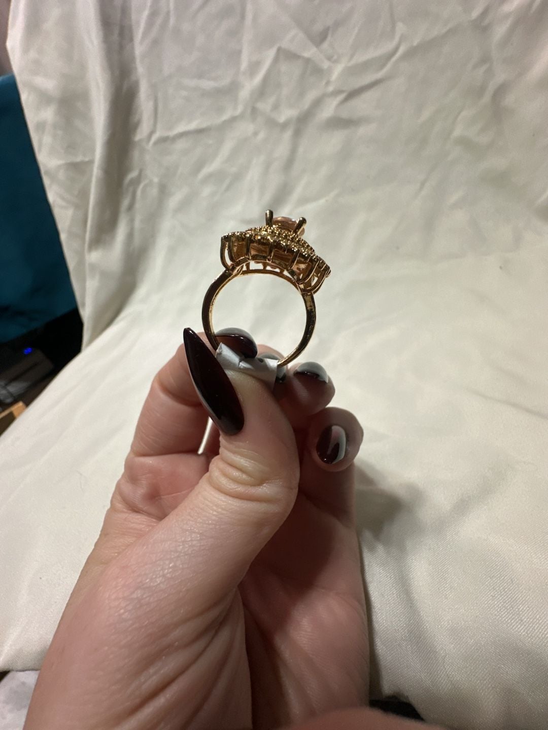 Gold Tone Cluster Cocktail Ring With Pink Center Stone 5
