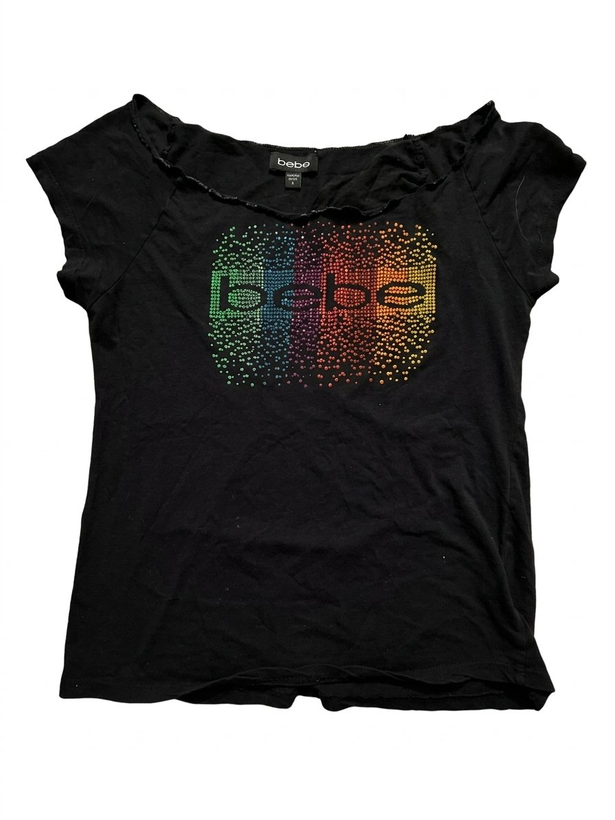 bebe Rhinestone Logo T-Shirt Size S Black Rainbow Crystal 2