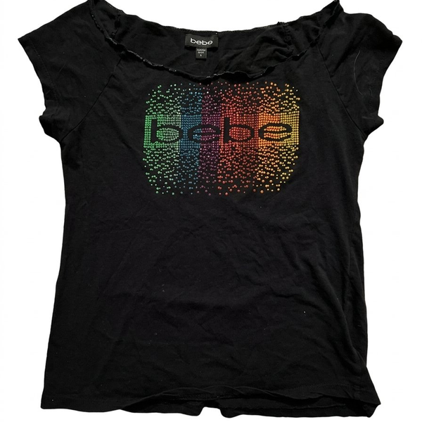 bebe Rhinestone Logo T-Shirt Size S Black Rainbow Crystal